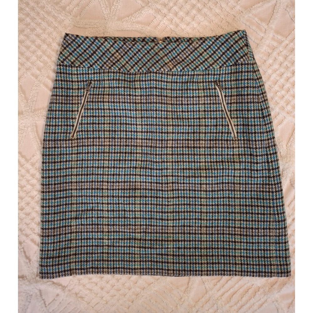 Talbots Womens 4 Pencil Skirt Blue Houndstooth Wool‎ Blend Front Zip Accents